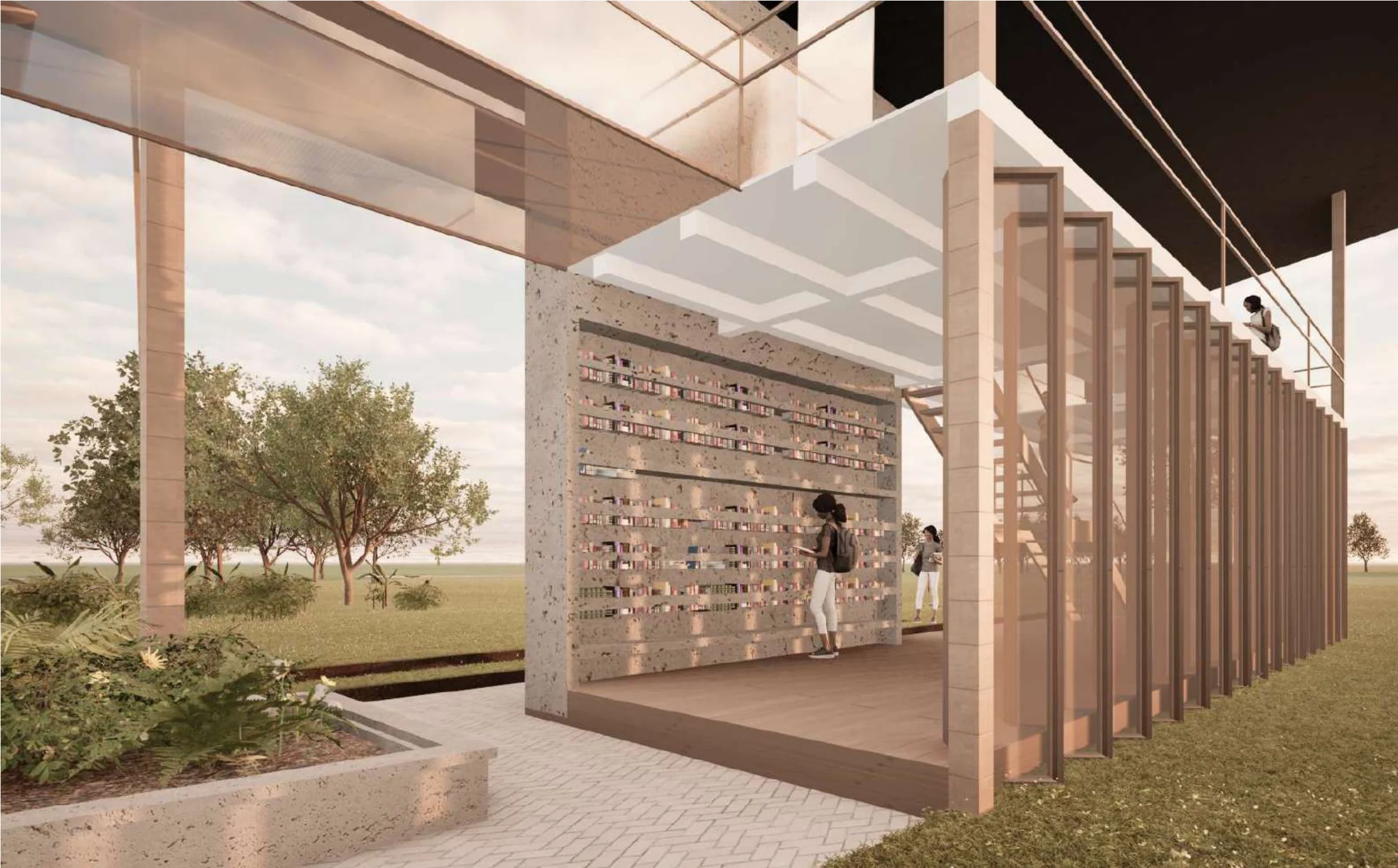 Library exterior with concrete bookshelves and rotating panels