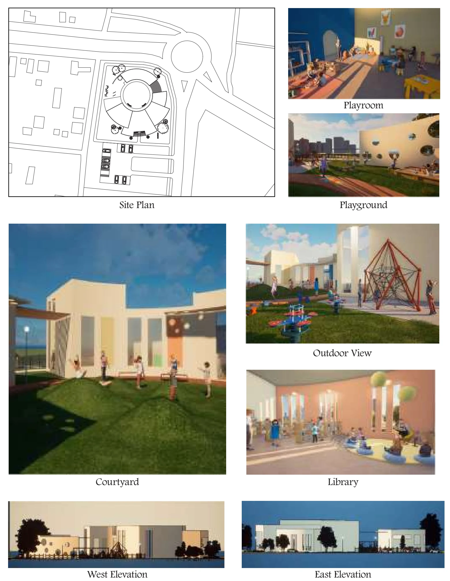 Site plan, courtyard, learning spaces, and elevations